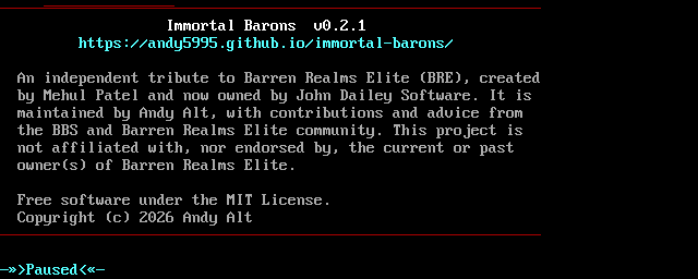 The About screen: the game's name, version and website, and a note that it is an independent tribute to Barren Realms Elite.