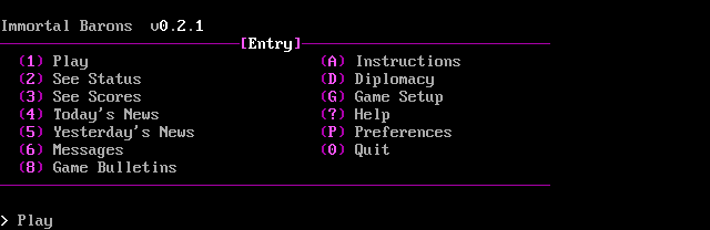 The Entry menu: two columns of options, including Play, status, scores, news, messages, instructions and preferences.