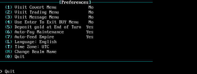 The Preferences menu: which menus to visit each turn, automatic payments, language, time zone and realm name.