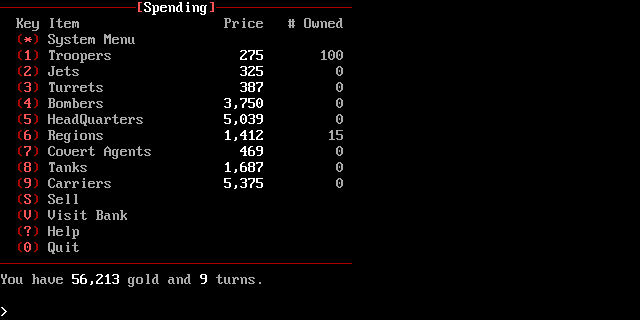 The Spending menu: a list of units and regions with their price and how many you own, and a line showing your gold and turns left.