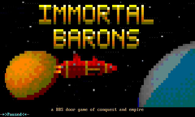 The title screen: the words Immortal Barons in gold block letters over a star field, with an orange planet and a red spaceship on the left and a blue planet on the right.