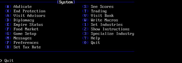 The System menu: two columns of options, including advisors, diplomacy, the bank, messages and preferences.